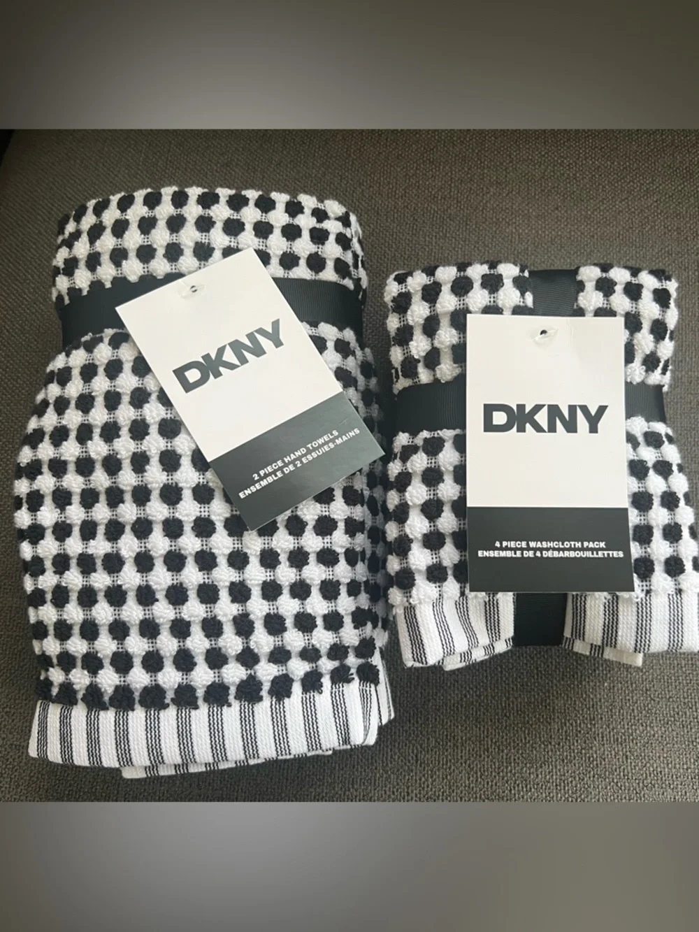DKNY Gingham Check Black White  Bath Towel Set Towels 8pc